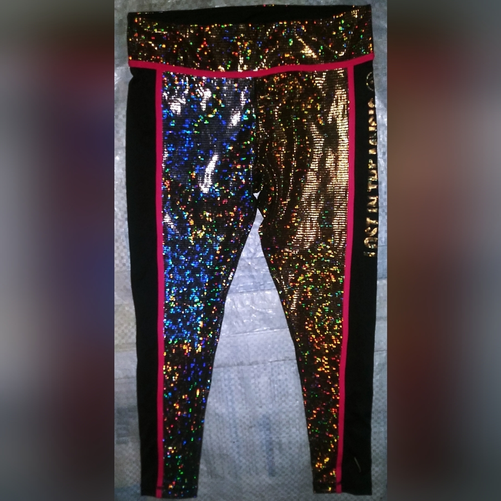Zumba Light Up Dance Floor Metallic Silver Gold Piped Ankle Leggings Large Small